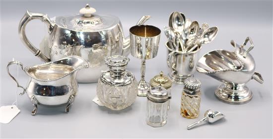 Two silver-mounted cut glass scent bottles, silver toastrack, two spoons & a quantity of plated items